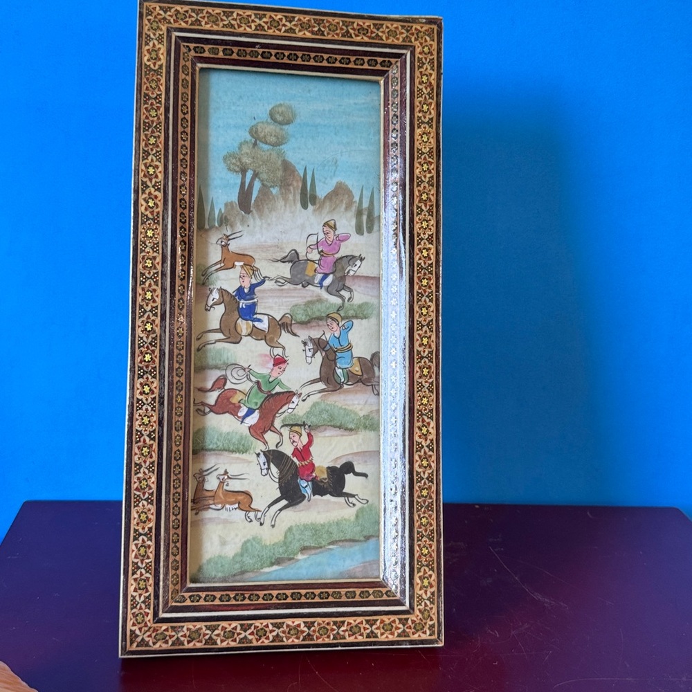 Persian miniature picture depicting a lively hunting scene